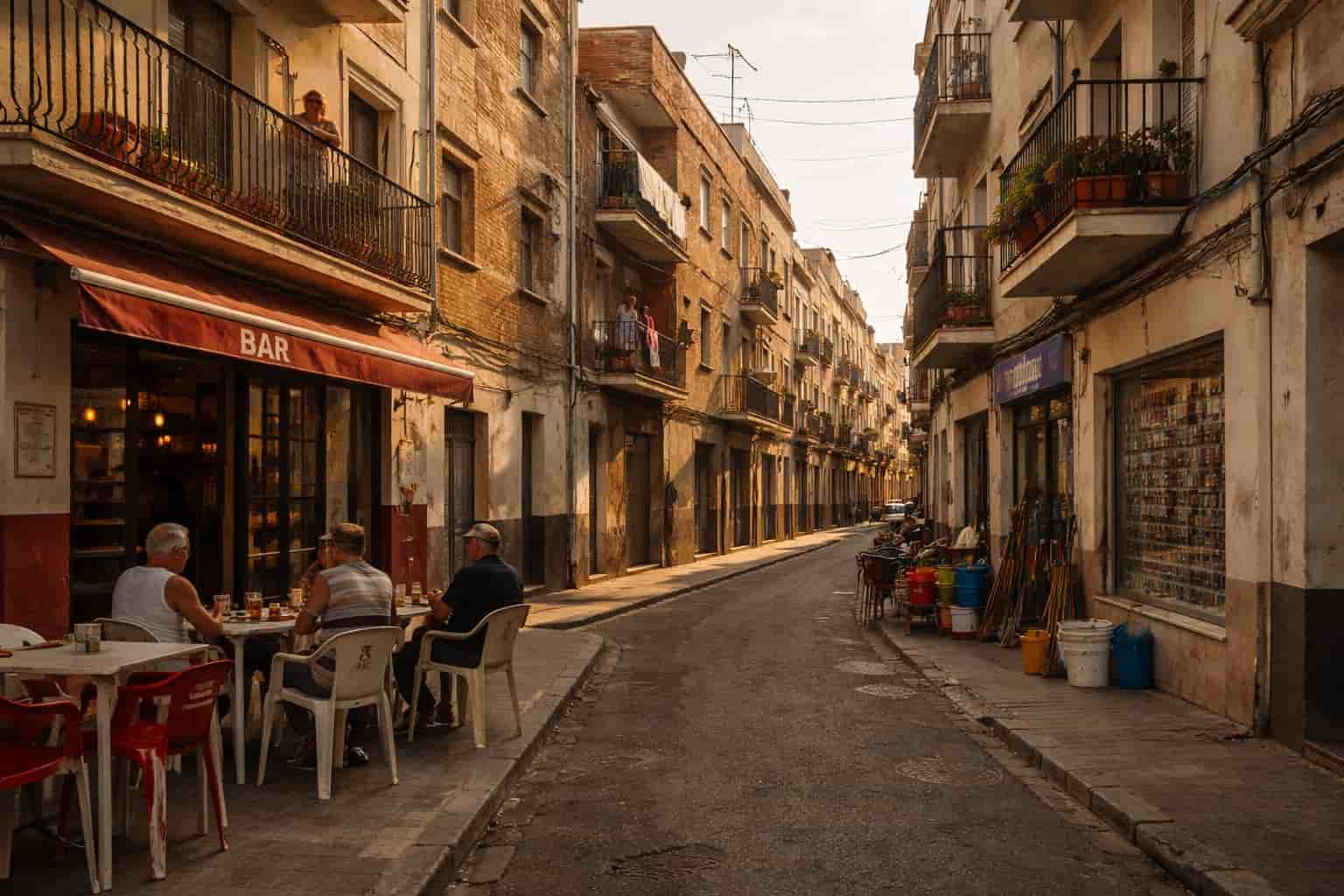 Calles del barrio obrero de Puerto Dársena con bares y edificios de ladrillo